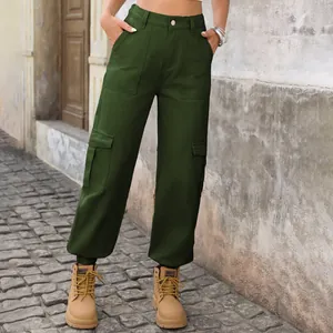 Detailed view of dark green women's cargo joggers featuring elastic cuffs and side pockets.