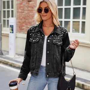 Black washed denim jacket for women with elegant pearl embellishments and slim fit