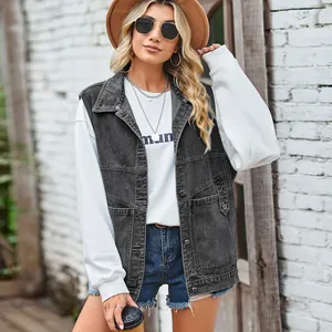 Women's oversized grey denim vest jacket with functional pockets for casual look