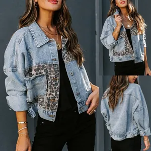 Distressed light blue denim jacket featuring trendy leopard print patchwork details
