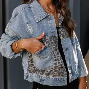 Stylish leopard print patchwork distressed denim jacket with ripped details for women