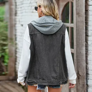 Back view of a casual loose denim vest with a grey hood for women's streetwear