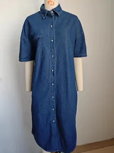 Detailed view of a dark blue washed loose denim short-sleeve maxi dress on mannequin.
