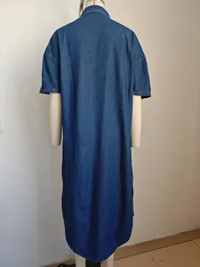 Full back view of a casual loose blue denim short sleeve maxi dress on a mannequin.
