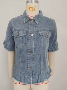 Classic washed blue short sleeve denim jacket with ruffled hem and chest pockets