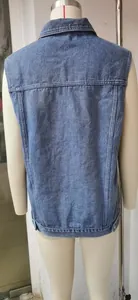Detailed back view of a casual loose blue denim vest featuring a classic sleeveless design
