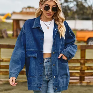 Vintage style oversized blue denim jacket for women with large pockets and classic metal buttons