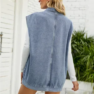 Back view of a trendy light blue oversized denim vest for women in a lifestyle setting