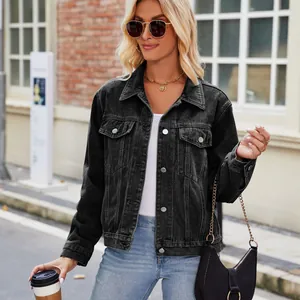 Stylish black washed denim jacket for women featuring a slim fit and metal buttons