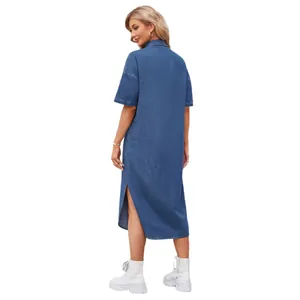Washed blue denim short sleeve long dress for women featuring a side slit design.
