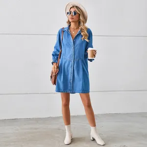 Stylish loose washed long sleeve denim midi dress with button-down design for women
