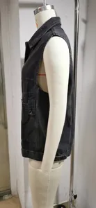 Detailed side profile of a casual loose black denim vest waistcoat on a white mannequin