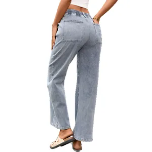 Women's high-waisted light wash wide-leg denim pants with elastic waist back view