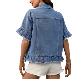 Western style ruffle hem short sleeve denim jacket in washed light blue