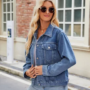 Stylish slim fit washed blue denim jacket for women featuring classic chest pockets
