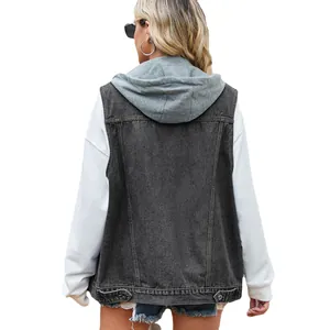 Oversized black denim vest with grey hood and white long-sleeved hoodie
