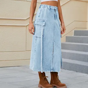 Light blue denim cargo midi skirt featuring elastic waist and stylish side ribbons