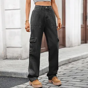 Stylish black washed denim cargo pants for women with functional side pockets and high waist.