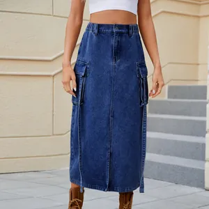 Close-up showing the cargo pockets and decorative ribbon straps on a blue denim skirt.
