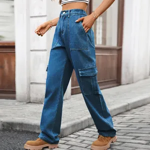 Side view of women's washed blue denim cargo pants with large side pockets