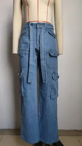 Front view of washed blue denim cargo pants with multiple pockets on a mannequin