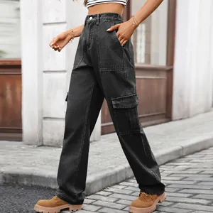 Close-up side view of high-waisted black denim cargo pants featuring large utility pockets
