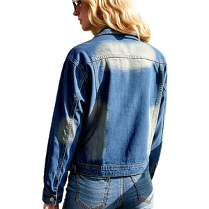 Women's oversized denim jacket with vintage washed effect and drop shoulder back view