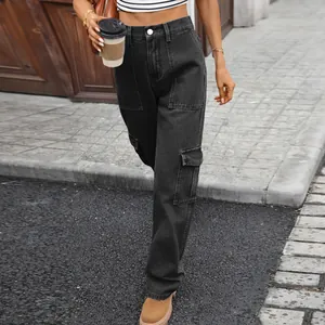Washed black high-waisted cargo denim trousers with side utility pockets for women
