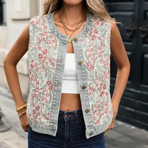 Boho vintage floral embroidered sleeveless denim vest featuring antique brass buttons