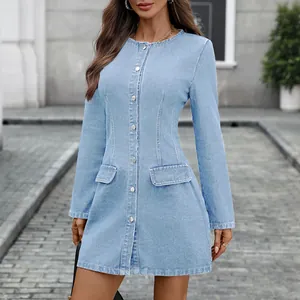 Stylish washed light blue long sleeve denim dress with front buttons and fitted waist
