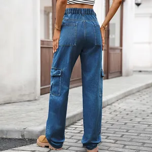 Rear view of women's washed denim cargo pants with semi-elastic waist and pockets