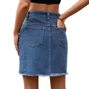 Washed blue denim mini skirt with distressed frayed hem and pockets for women