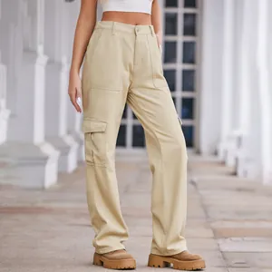 Side view detail of women's khaki washed cargo pants with large flap pockets