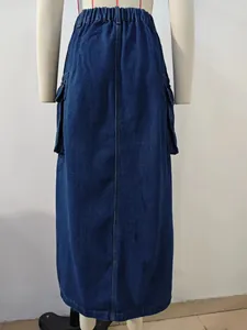 Back view of dark wash denim cargo maxi skirt with elastic waist and side pockets
