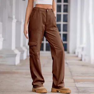 High-waist brown cargo pants for women with multi-pocket design and straight leg cut