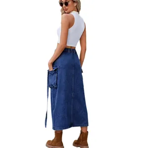 Stylish washed denim cargo midi skirt with elastic waist and side streamer detail