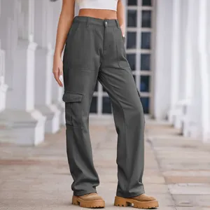 Detailed view of women's dark grey cargo pants featuring side pockets and elastic waist