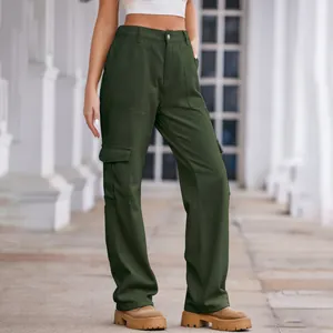 Detail of women's dark green washed denim cargo pants with side pockets and straight leg.