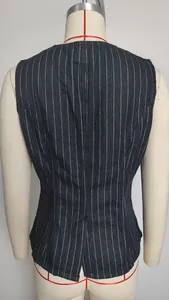 Detailed back view of a washed black and white striped sleeveless denim vest for women
