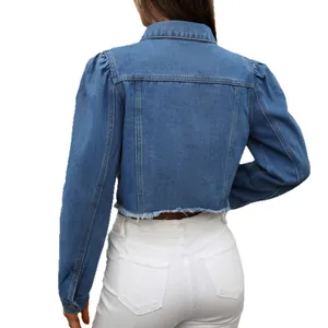 Fashionable washed blue cropped denim jacket for women featuring puff sleeves and frayed hem