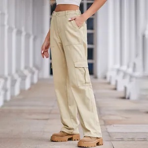 Detailed view of women's khaki high-waisted cargo pants featuring large side pockets