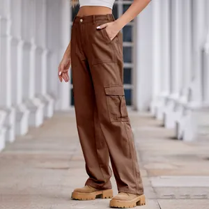 Detailed side view of women's brown washed denim cargo pants with side pockets