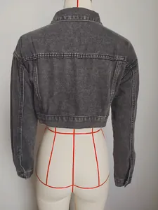Close-up view showing the back of a vintage washed grey cropped denim jacket on mannequin.