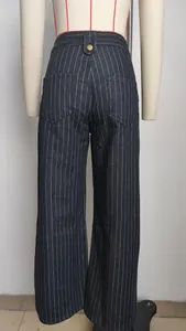 Detailed back view of dark blue pinstripe denim wide-leg pants on a mannequin form