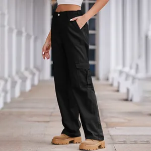 Detailed side view of black high-waist cargo pants featuring a large flap utility pocket