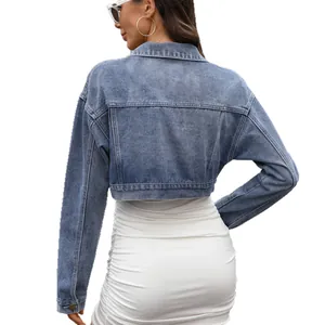 Western style cropped blue denim jacket for women, stylish vintage washed design feature