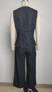 Back view detail of a navy blue pinstriped sleeveless denim vest and trousers set