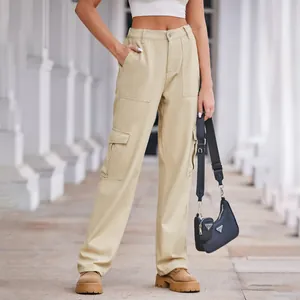 Stylish high-waisted khaki cargo pants with large side pockets and semi-elastic waistband.