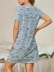 Back view of women's short sleeve nightgown with coffee mug and morning text print