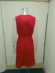 Detailed back view of a vibrant red sleeveless summer dress with an elastic waist